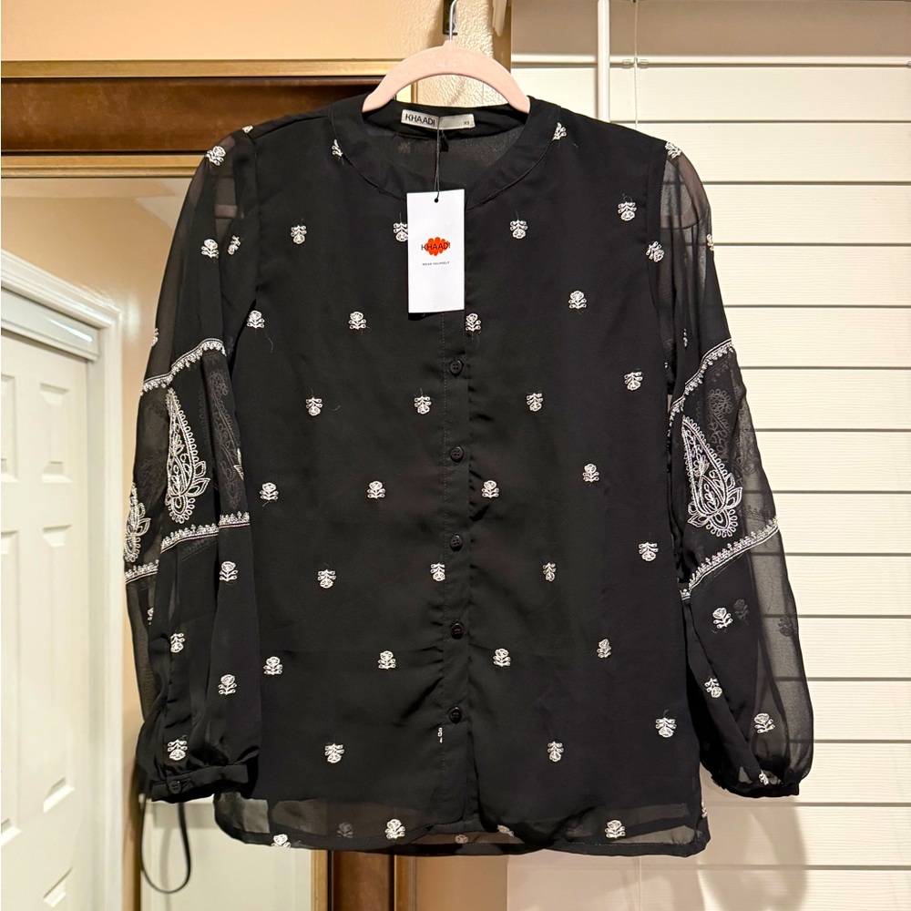 Khaadi Black Embroidered Sheer Sleeve Blouse XS NWT